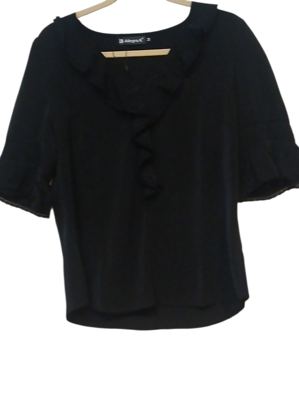 Allegra K - NWOT, Black Blouse W/ Lace Trim, Ruffles In Front & Sleeves, Size M - Picture 6 of 10